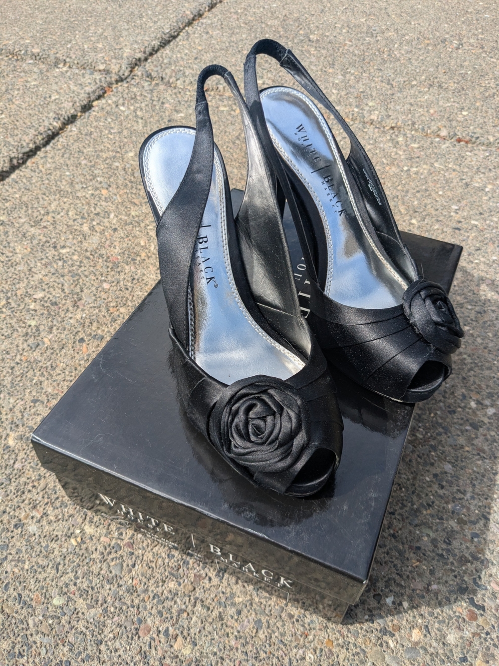 White House Black Market Black Satin Peep-Toe Slingback Heels with Rosette